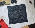 Topo Kexagon Hankdana: Bandana 22"x22" With A Grayscale Topographic Print, Cotton Handkerchief with Microfiber Corner