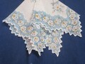 Vintage Hanky White Roses On Blue Border Scalloped Machine Edge Hanky Handkerchief