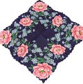 Vintage Unused Navy Pink Dianthus & Forget-me-not Floral  Handkerchief, Hankie**#16