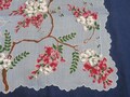 Vintage Hanky White and Red Lilac Branch On Blue Background Scalloped Machine Edge Hankie Handkerchief