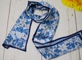 100% Natural Mulberry Silk Narrow Scarf – Blue Floral Silk Scarf Lightweight Fashion Wrap, Silk Fashion Accessory Gift for Women
