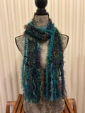 Peacock blue/green/purple hand-knitted scarf with fringe (sku #2025-E-27)