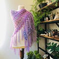 Crochet Triangle Shawl: Bohemian Hand-Knitted Shoulder Scarf, Wool lilac fringes neckerchiefs