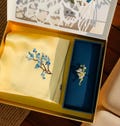 Handmade Embroidery Silk Handkerchief and Enamel Brooch Gift Set, Personalized Graduation gift, Traditional Chinese Business Gift Box