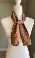 Vintage polka dot silk scarf signed Strauss Unlimited Inc. made in USA brown with blue dots 1960s 1970s vibes elegant chic 42 in long