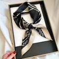 Black 100% Silk scarf with beige print, Luxury 68x68cm square scarf, wear as neck scarf, hair wrap, wrist tie or bag accessory, Gift for Her