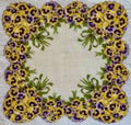Darling Pansy Hanky Scalloped Edges from the 1950s. Features Bouquets of Purple and Yellow Pansies about the Outside Edge. 13 x 13". Lovely!