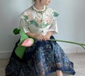 Kids Children Embroidered Detachable Collar Vintage Chinese Asian Style Hanfu Dress Inspired Lotus Flower Ribbon gift 503