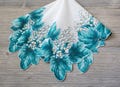 Turquoise Floral Hankie, Leaves & Lily of the Valley, Vintage Aqua Blue Handkerchief