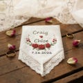 Personalized Red Rose Bouquet Linen Handkerchief, Something Blue for Bride, Wedding Hand Embroidered Handkerchief, Custom Name Wedding Gift