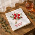 Custom Name Red Rose Bouquet Linen Handkerchief, Something Blue for Bride, Personalized Wedding Hand Embroidered Handkerchief, Wedding Gift