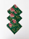 Vintage Floral Handkerchief Set of 3, Green Cotton with Red Rose and Scalloped Embroidered Edging Hem