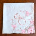 Madeira monogrammed J handkerchief hanky, applique & cutwork embroidery in pink on white linen, hand rolled hem 15.5" sq Exc vintage cond