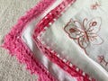 3 Handkerchiefs Pink Crocheted Edge Butterfly Madeira Style Ladies Pretty Vintage Linens