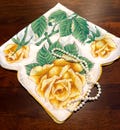 Pretty Yellow Rose Floral Handkerchief, Yellow and Green Leaves Hankerchief, 1950's Hankie, Hanky, Fall Decor