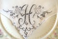 Vintage Bride's Hanky~Initial 'H'! White/Gray Handkerchief~Weddings/Mother/Father/Groom/Bride/Funerals/Gift~Embroidered Monogram Hankie!