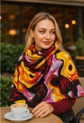 Boho Batik Patterned Saffron Color Thick Shawl – 100% Acrylic – Artistic Winter Scarf – Gift for Her & Special Occasions – Free Bonus Scarf