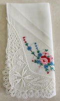 Lace Edge White Hankie Hand Embroidered Pink Flower Pattern 12 Inch