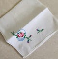 Hand Embroidered Pink Flower Basket Pattern Hankie 12 Inch