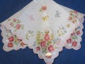 Vintage Hanky Mauve Roses Blue and Pink Bell Flowers With Colorful Daisies and Bows Scalloped Machine Edge Hanky Handkerchief