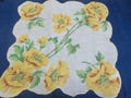 Large Vintage Hanky With Big Yellow Flowers With Green Centers and Leaves Scalloped Machine Edge Hankie Handkerchief