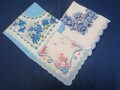 3 Vintage Hankies In Shades Of Blue and Pink With Bell Flowers Ribbons and Daisies Machine Edge Hanky Handkerchief lot