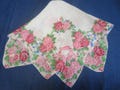 Large Vintage Hankie Pink Roses Ribbons and Polka Dots With Tiny Blue Forget Me Nots Scalloped Machine Edge Hanky Handkerchief