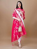 Hot Pink Banarasi Silk Floral Design Dupatta / Scarf for Women | Embroidered Hand Woven Traditional Indian Festive Wear Dupatta Gift