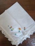 Orange and Yellow Hand Embroidered Flower Hankie 12 Inch Edging Tatted