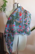 Bohemian Indian Silk Bird Print Scarf, Large Silk Scarf, Blue Green Red Bird Print Scarf, Boho Accessory