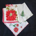Vintage Handkerchief Lot, Christmas Hankies, Poinsettia Hanky, Christmas Tree Hanky, Grouping of Hankies, crochet Edge Hanky, Embroidered