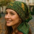 Sea Buckthorn Silk Scarf – Dark Green & Gold Old Money Headscarf, Elegant Baroque Autumn Bandana