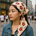 Elegant Silk Scarf with Red Floral Print – Square Bandana for Women, Versatile Neck Scarf, Headscarf and Handbag Accessory