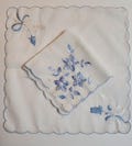 Hankies Pair (2) Blue Machine Embroidery Floral Pattern Scalloped Edge 10 Inch