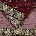 Indian Vintage Heavy Wedding Maroon Dupatta Net Mesh Long Stole Hand Embroidered Scarves Golden Zardozi Zari Sequins Dridal Veil Hijab