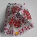 Vintage Christmas Handkerchief, Poinsettias, Waterwheel Winter Scene, Made in Japan sticker