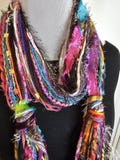 Little bit of everything yarn scarf*Boho/Gypsy textured fringe art scarf*Hand-knotted festival yarn necklace