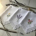 White Linen Handkerchief with Delicate Thin Lace Trim and Embroidered Daisy, Lavender, Rose – Handmade Floral Hanky, Wedding Gift
