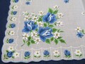 Vintage Hanky Blue Roses Rosebuds and Daisies White Daisy Scalloped Machine Edge Hankie Handkerchief