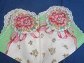Vintage Hanky Pink Nosegay Bouquets and Ribbons On Each Corner Bright Green Border Scalloped Machine Edge Hankie Handkerchief