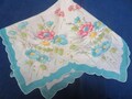 Vintage Hanky Teal Daisies and Border With Pink White and Yellow Flowers Scalloped Machine Edge Hankie Handkerchief