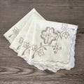 Vintage Linen Handkerchief or Napkin with Embroidered Floral Cutwork Corner – Scalloped Edges – Beige and Taupe