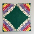 Handkerchief Vintage Dark Green Floral Daisies, Colorful Trim