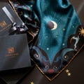 Mulberry Silk Bandana "Beautiful as The Moon", Printed Original Celestial Design by Le Châle Bleu, France. Made in Italy Gift Box Silk Scarf