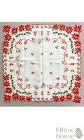 Christmas Hankie - Vintage - Scalloped Edge - Poinsettias, Holly Berries, Red Ribbon, Bells
