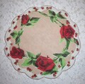 Vintage 1940's ROUND Hanky, Hankie - Floral, Red Roses, Tan