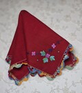 Vintage 1940's Handkerchief, Hanky, Hankie - Red Linen, Embroidery, Crocheted Edge Scallops