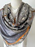 Mulberry Silk Scarf: Orange Gray Print, Large Square Shawl 43"