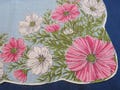 Vintage Hanky Big Pink Daisy On Each Corner and Center With White Daisies Hand Rolled Scalloped Edge Hankie Handkerchief