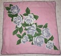 Vintage 1940's Linen Handkerchief, Hanky, Hankie - Gray & White Roses on Pink